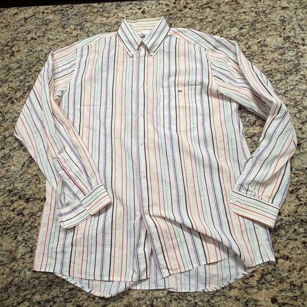 Lacoste Mens Multi Color Striped Button Down Shirt Size 42 White Long Sleeve‎